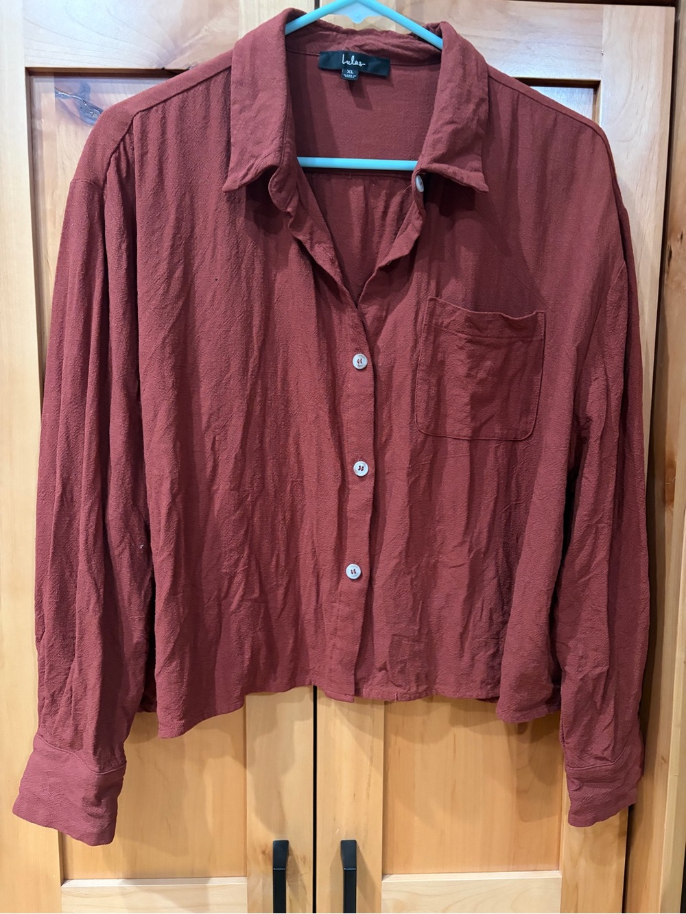 Lulu's Burnt Orange Button-Front Long Sleeve Shirt linen blend extra large XL